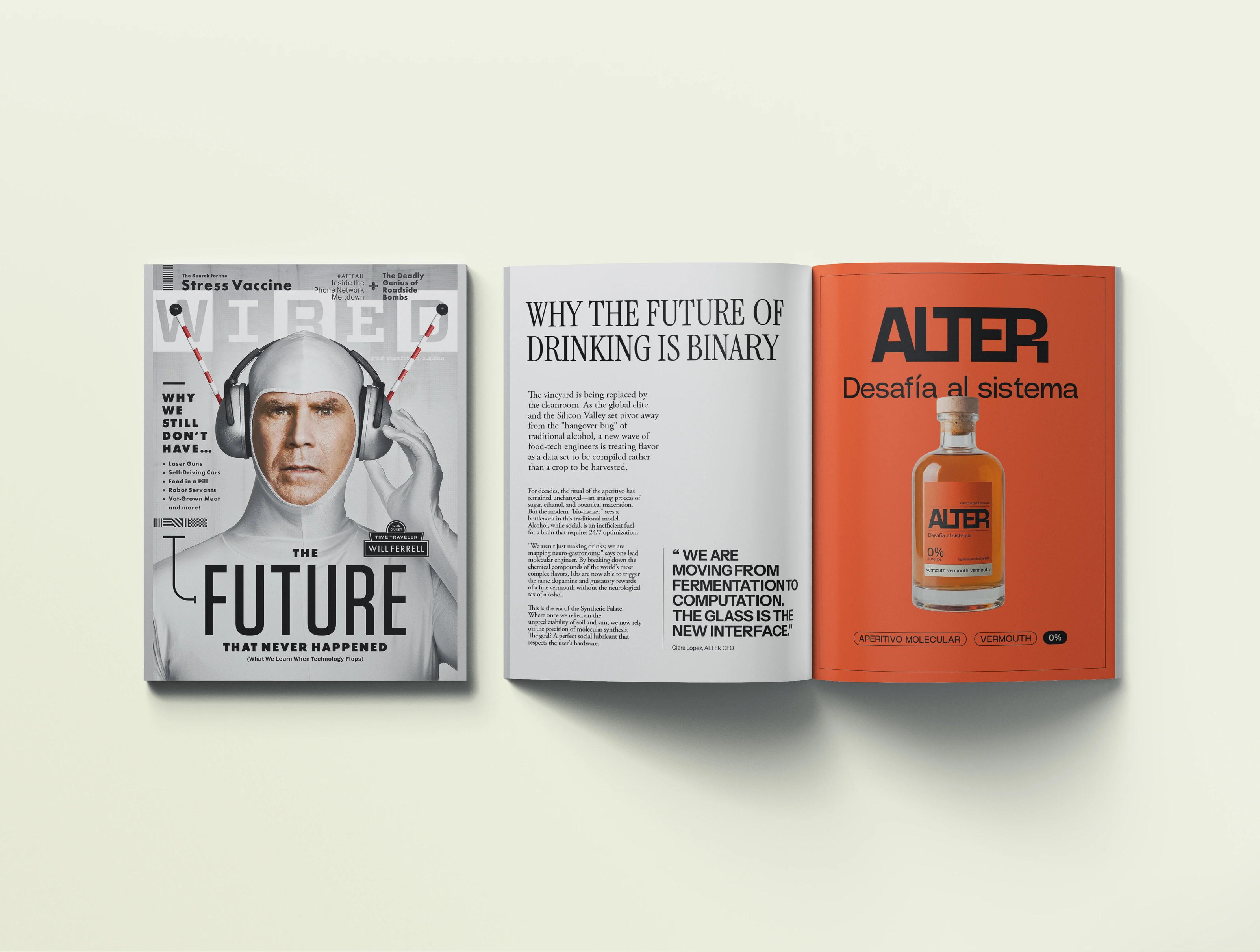 Open magazine showing ALTER vermouth advertising with an orange bottle on a pale green surface.