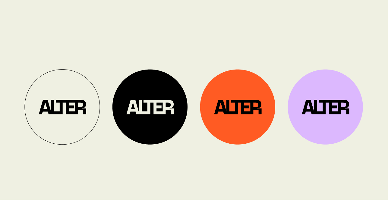 Four ALTER wordmarks inside cream, black, orange and lavender circles.