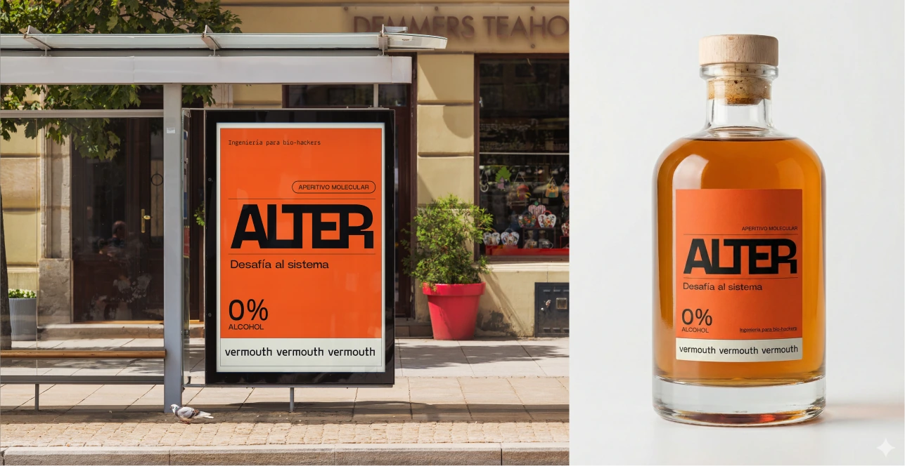 ALTER bus shelter advertising and an orange aperitif bottle presented together.