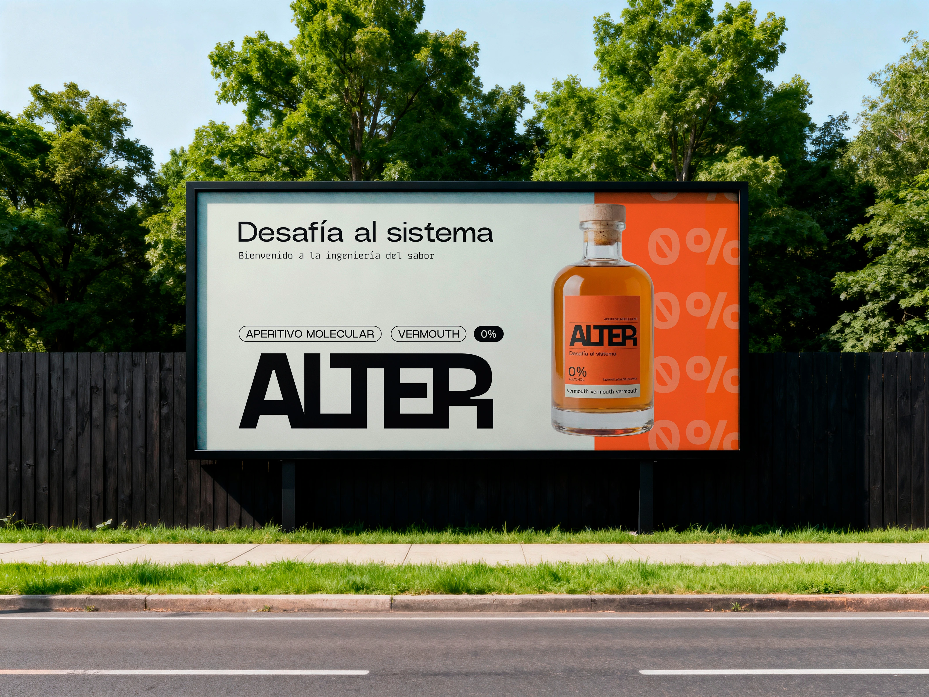 ALTER billboard featuring an orange bottle surrounded by trees.