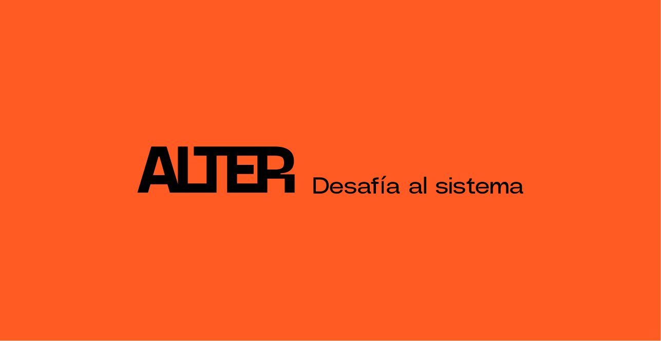 Black ALTER wordmark and Desafía al sistema tagline on an orange background.