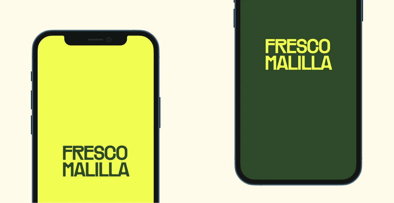 Two phones displaying the Fresco Malilla wordmark in lime and dark green on a cream background.