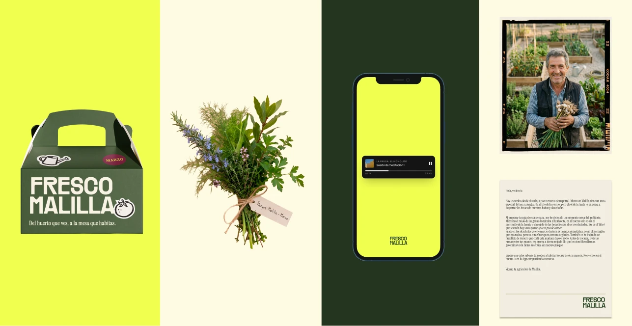 Brand applications combining the vegetable box, a bouquet, the La Pausa podcast and a personal note from a farmer.