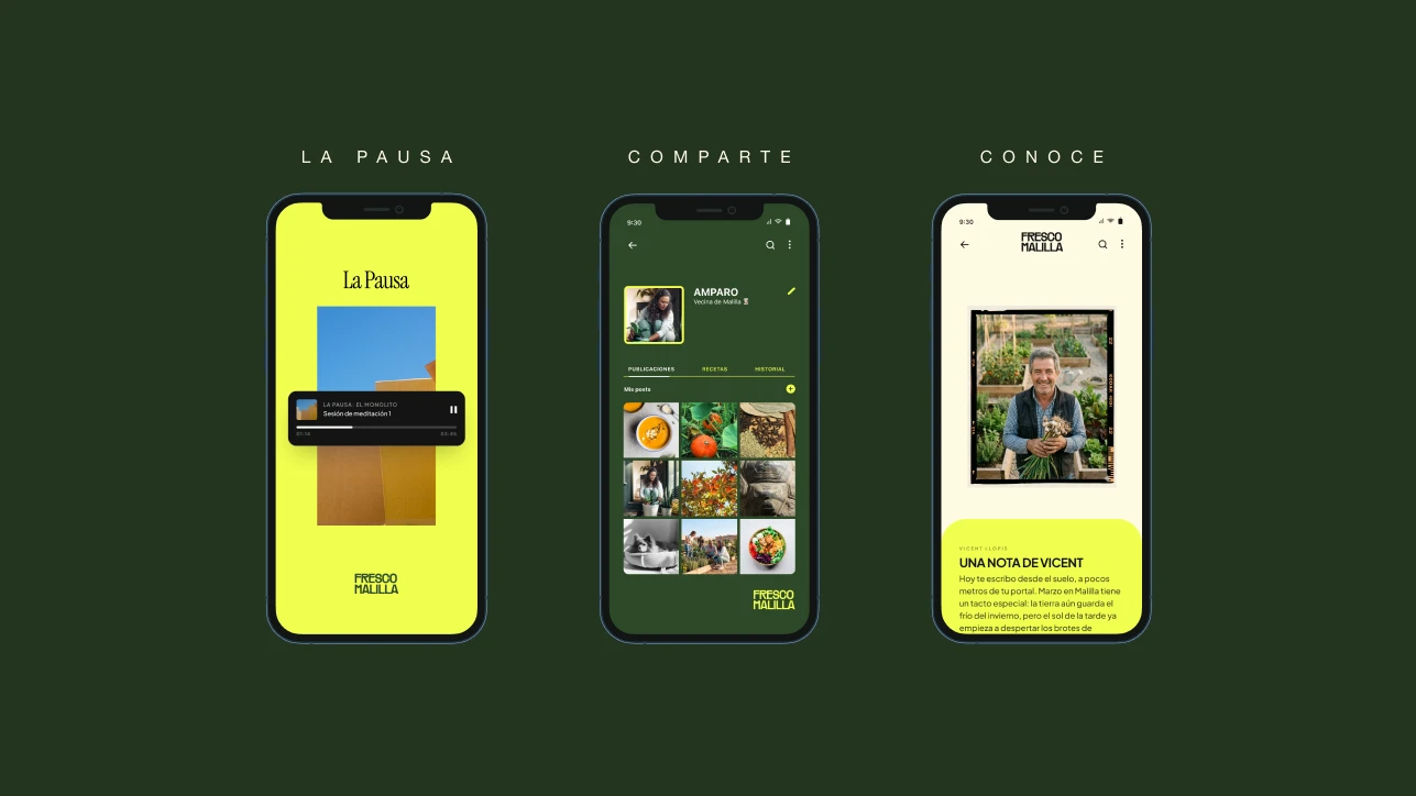 Three app screens presenting the La Pausa podcast, a neighborhood recipe feed and a farmer's story.