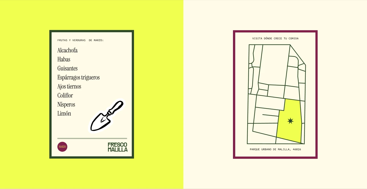 Printed March seasonal produce guide and a map showing where food grows in Malilla Urban Park.