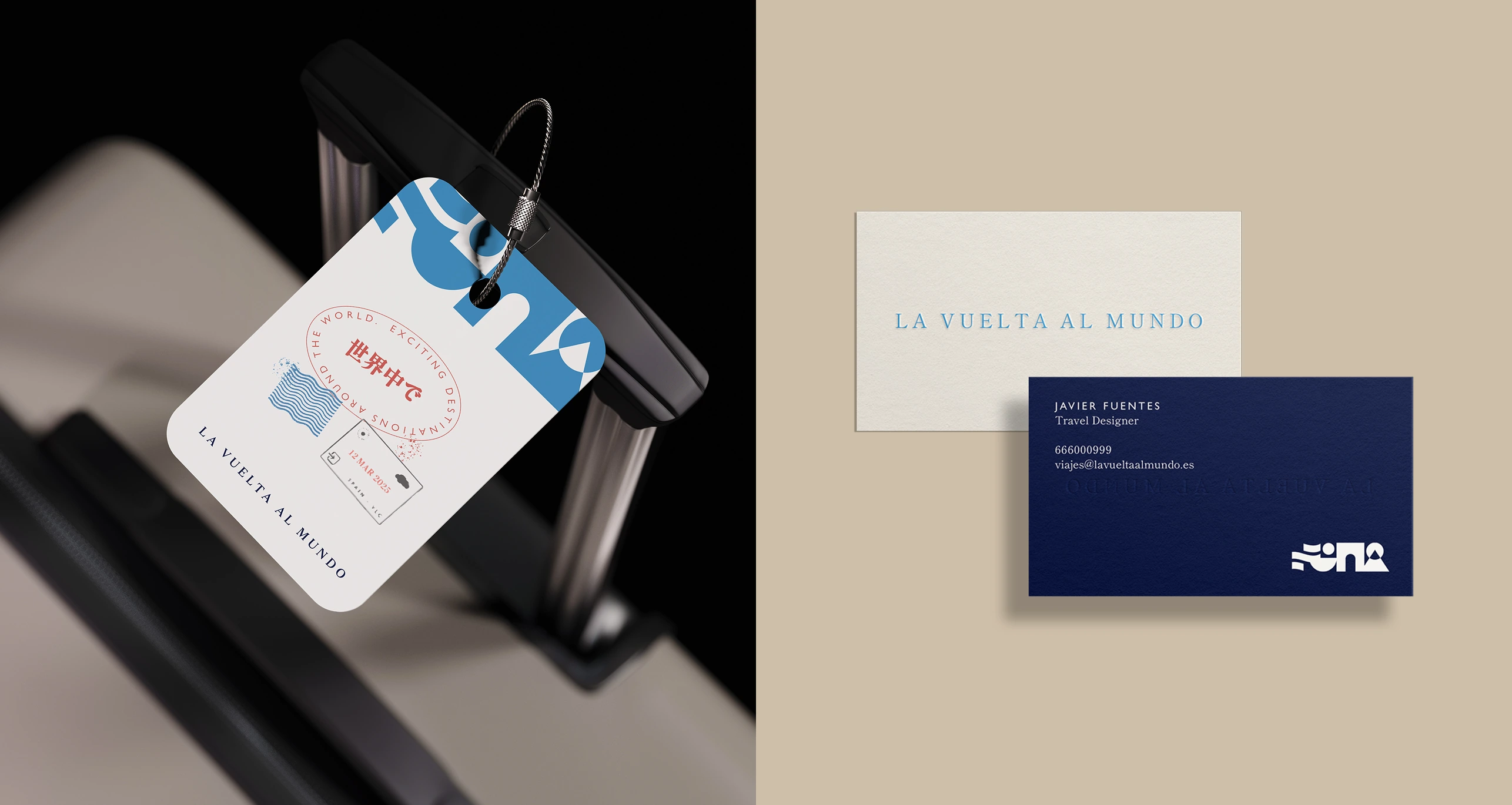 LVAM luggage label and blue and cream stationery presented side by side.