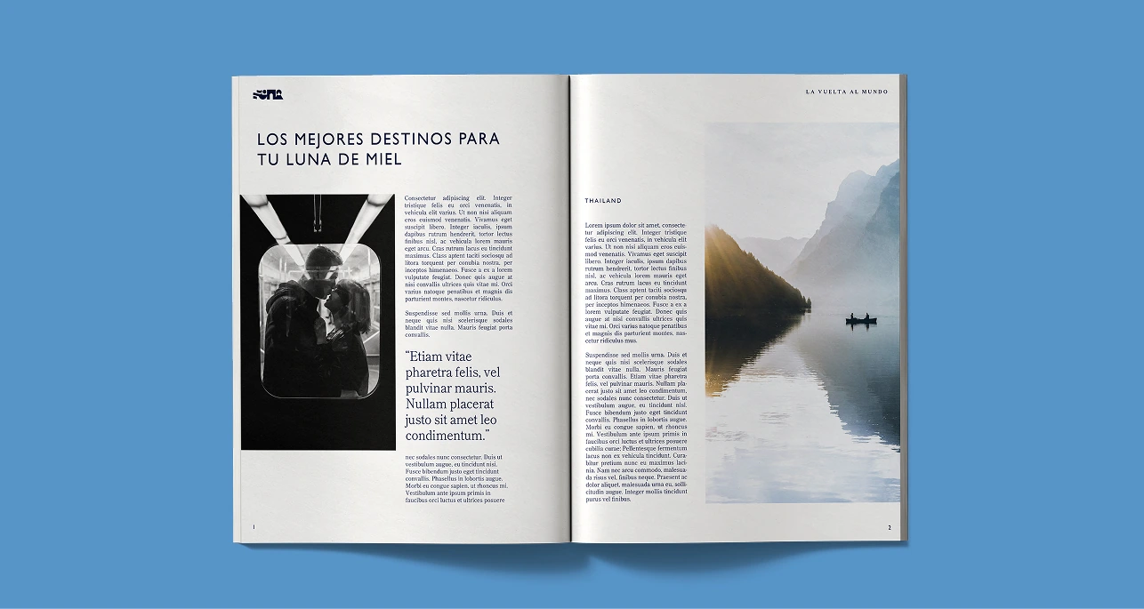 Open LVAM travel magazine on a sky-blue background.