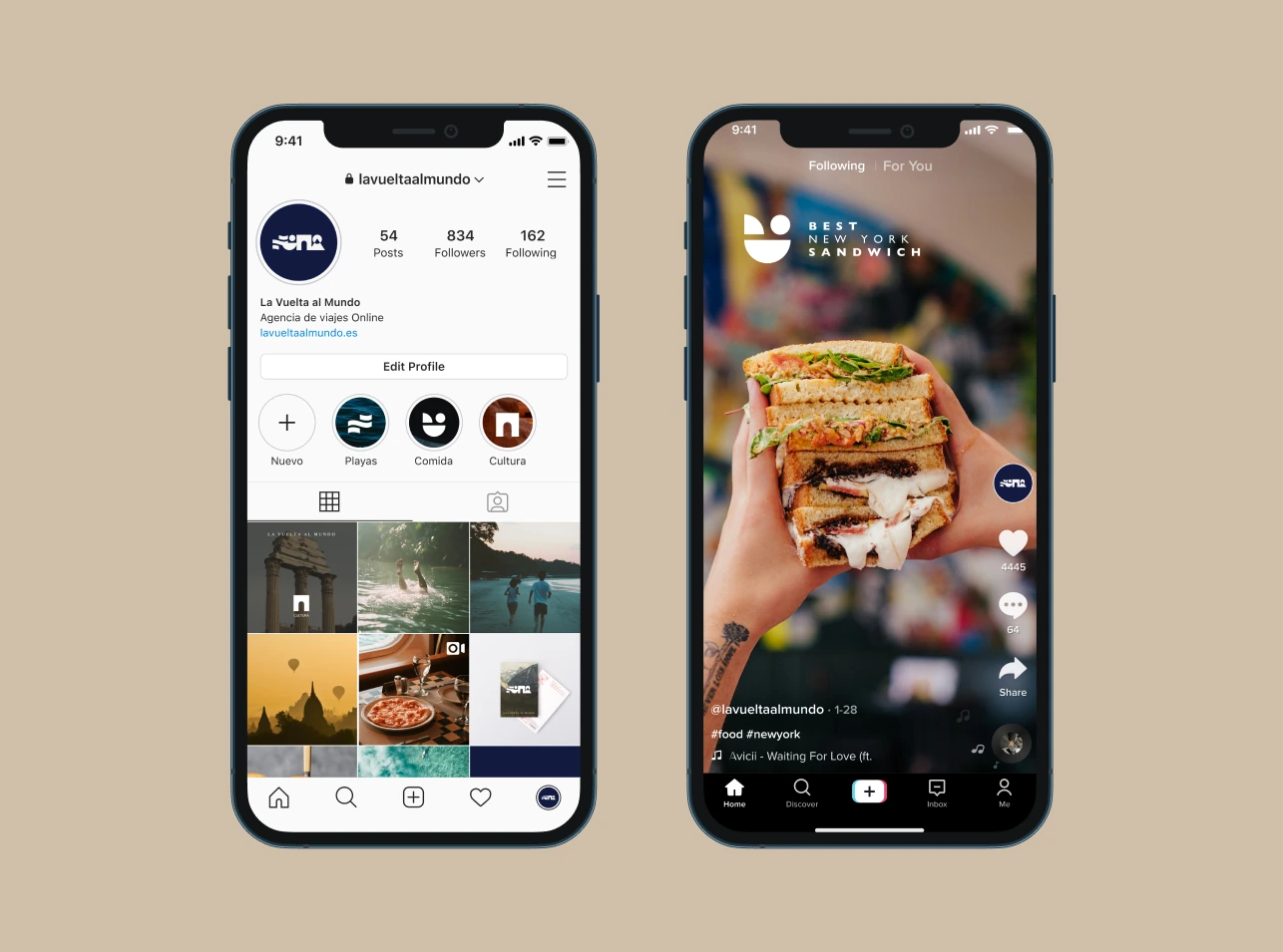 LVAM Instagram and TikTok profiles shown on two phones against a sand-coloured background.