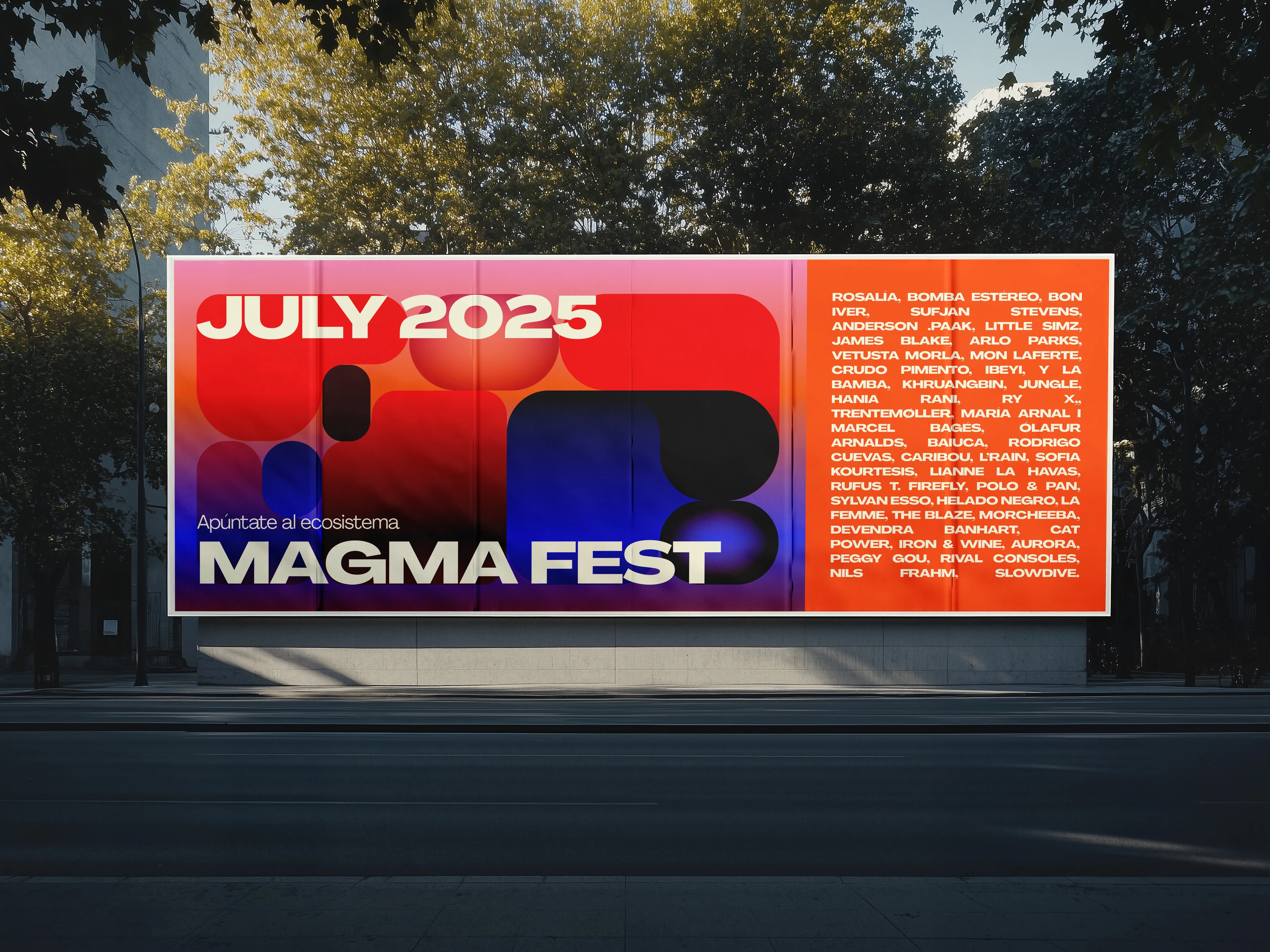Magma Fest billboard with a colourful July 2025 festival poster in a tree-lined street.