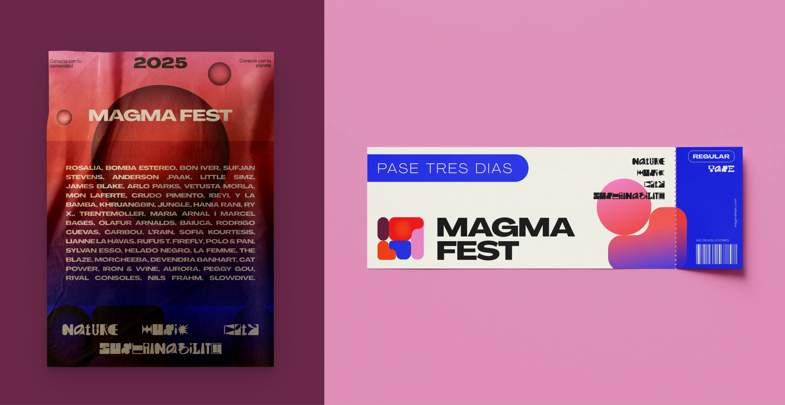 Magma festival poster and three-day pass on a pink background.