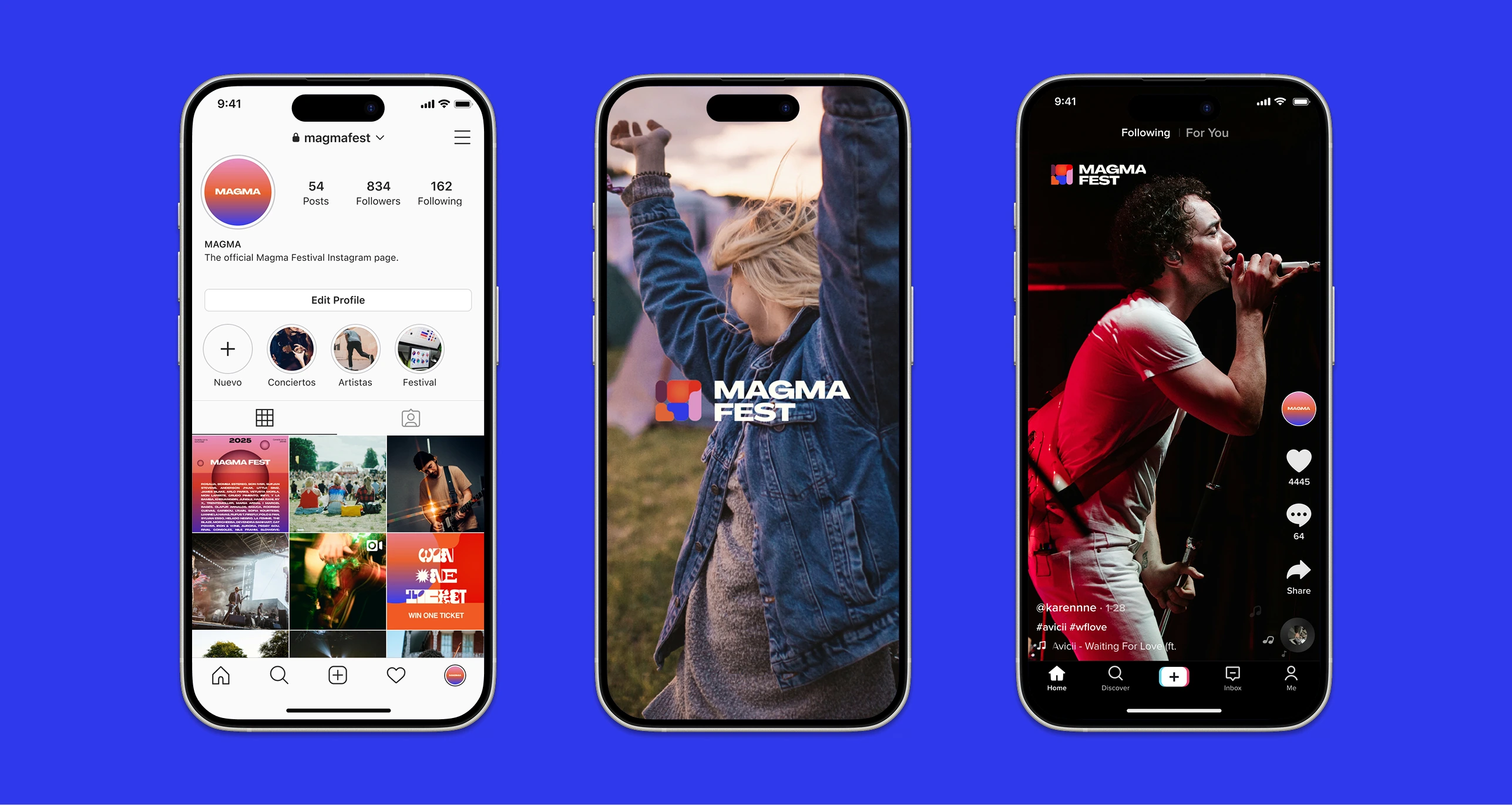 Three phones displaying Magma social content on a vivid blue background.