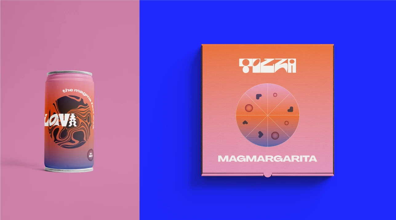 Magma drink can and branded pizza box shown in pink and blue panels.