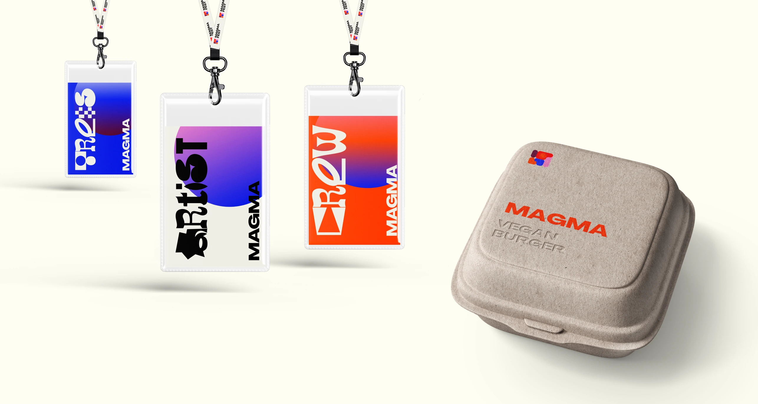 Magma festival lanyards and a sand-coloured branded cap.