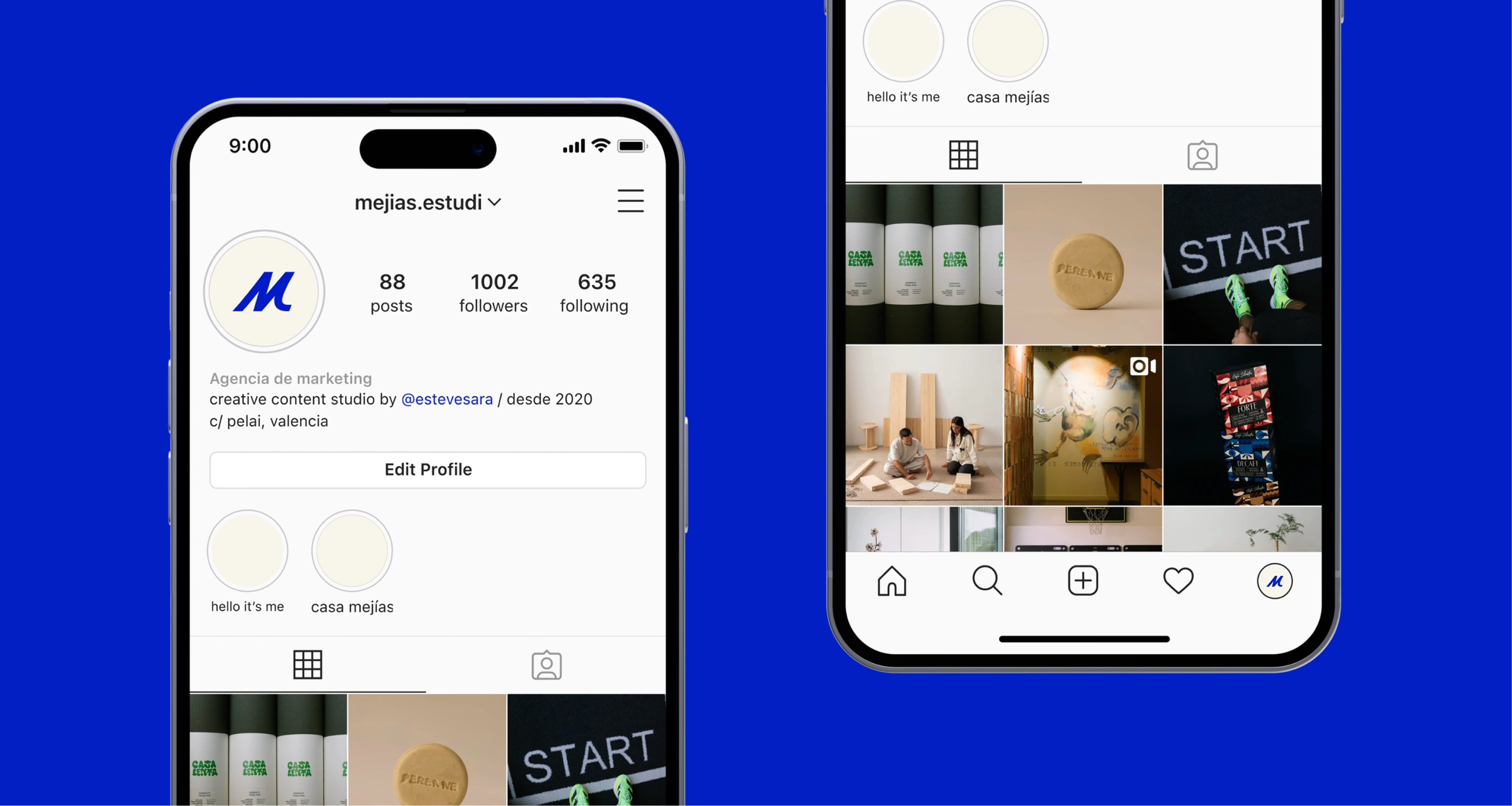 Two phone mockups showing the Mejías social media profile on a vivid blue background.