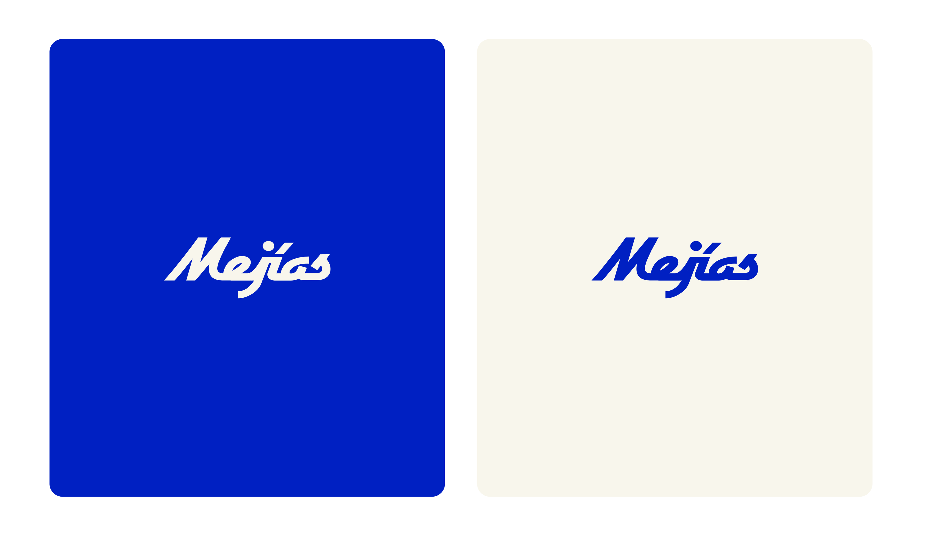 The Mejías wordmark shown in cream on blue and blue on cream.
