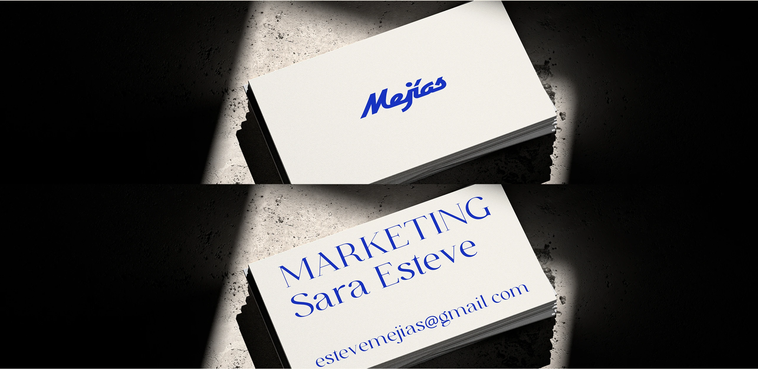 Two stacked business-card compositions showing the Mejías wordmark and contact typography.