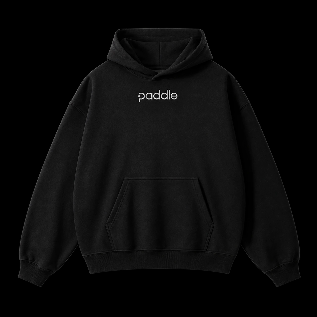 Black hoodie embroidered with the white Paddle wordmark.