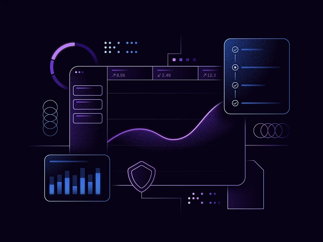 Purple technical illustration showing a connected product interface.