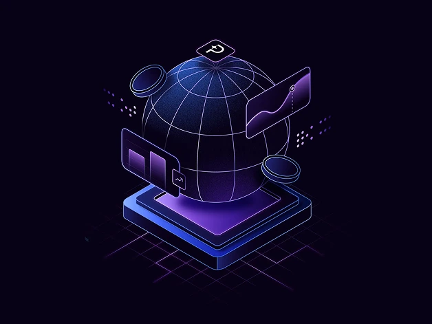 Purple technical illustration showing a globe on a digital platform.