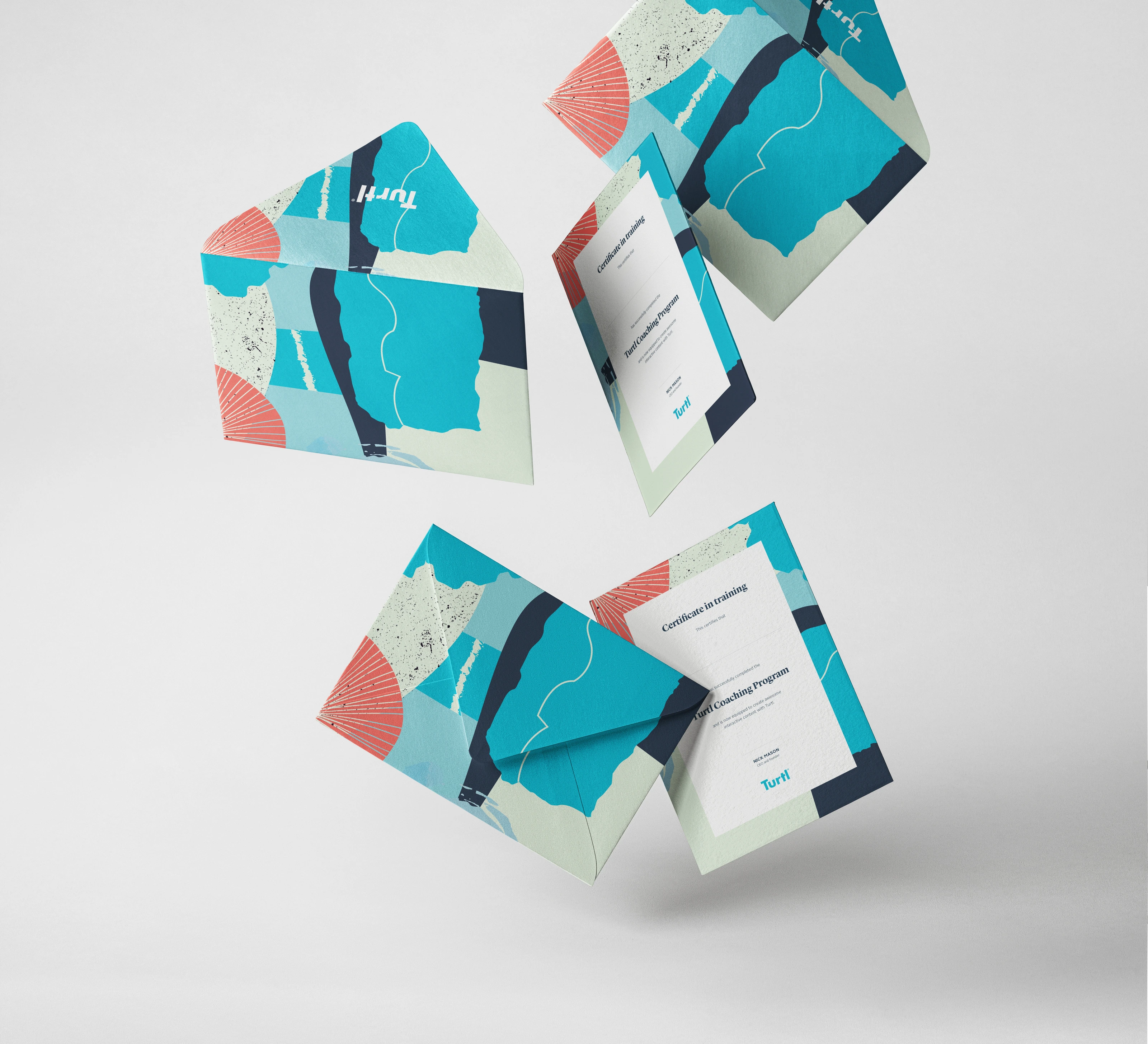 Floating Turtl invitations with abstract turquoise, green and coral illustrations.