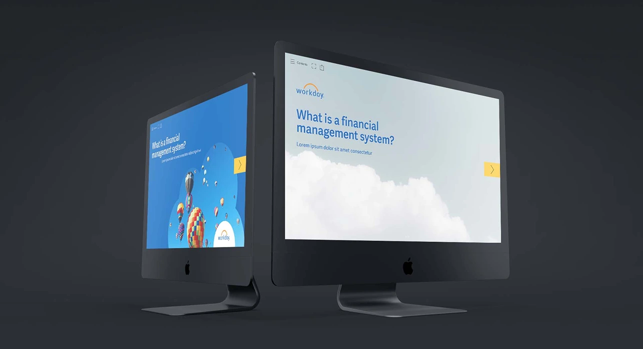 Workday interactive documents shown on two desktop monitors.
