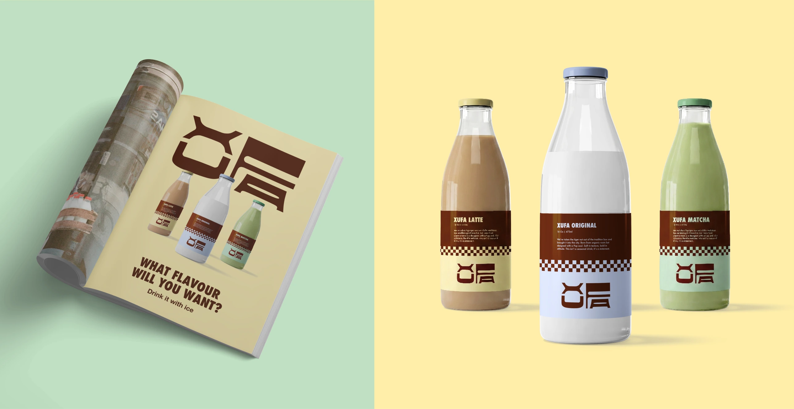 Xufa editorial print and three bottled drink flavours in green and yellow panels.