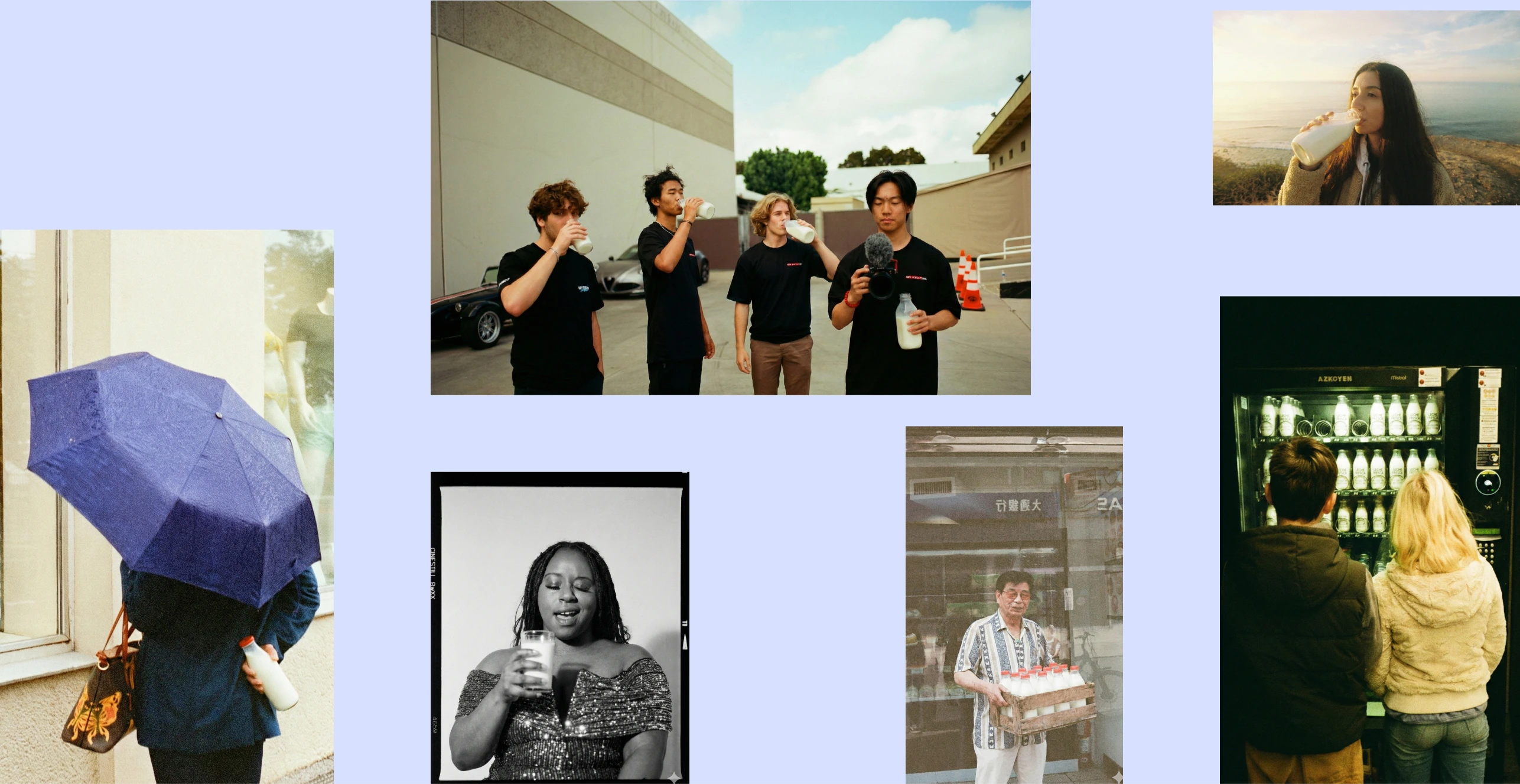 A collage of Xufa lifestyle photographs arranged on a pale lavender background.