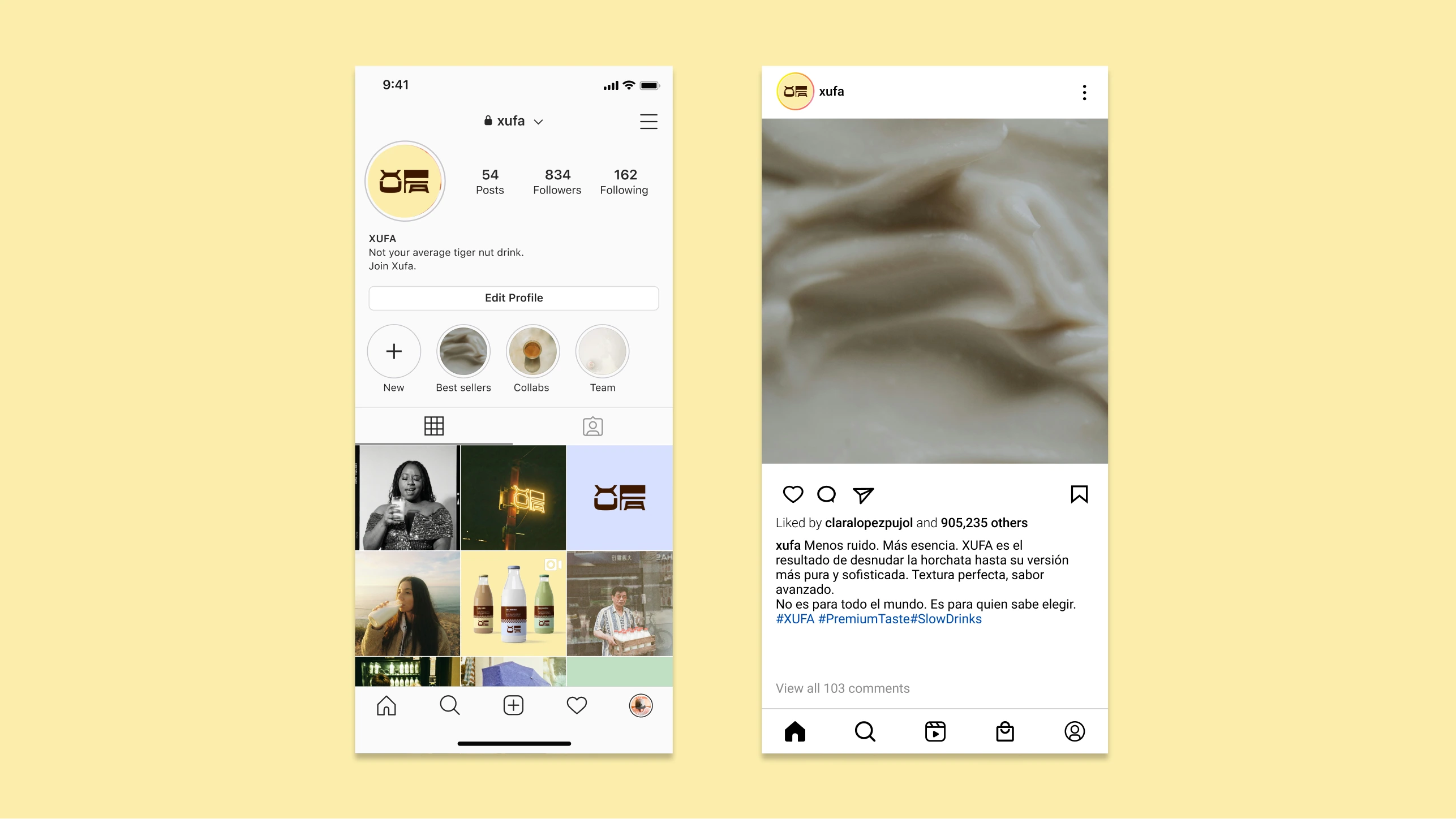 Xufa Instagram profile and a product post on a pale yellow panel.